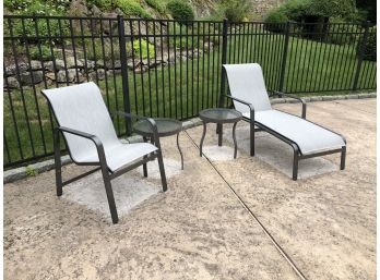 Very Nice Set Of Four (4) WOODARD Pieces - Chaise Lounge - Chair & Two Round Tables With Glass GREAT LOT !