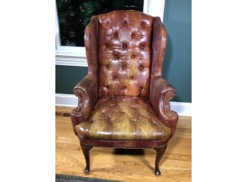 Nice Vintage Brown Leather Wing Chair With Button Tufted Leather And Mahogany Legs - Should Be Redyed