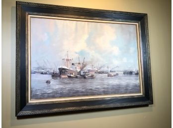 Fantastic Large Vintage Oil On Canvas By Listed Artist M. HEADERMANN - Ships & Tugboats In Original Frame