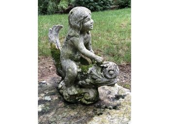 Fabulous Vintage Girl On Fish Concrete Garden Statue INCREDIBLE MOSS & PATINA Comes With Stone Base