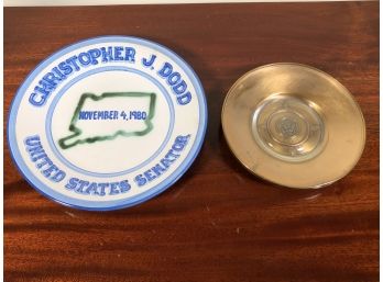 Very Cool Authentic UNITED STATES SENATE Vintage Bronze Dresser Tray & Vintage Senator Chris Dodd Pottery Dish