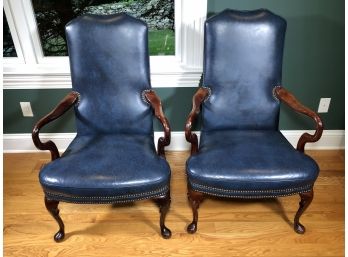 Two (2) Fantastic Blue Leather Chairs With Brass Nail Head Trim By ST. TIMOTHY - Great Chairs In Great Shape