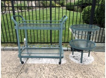 Very Large Brown Jordan Style Bar / Serving Cart With Glass Along With 2 Round Side Tables - ALL FOR ONE BID !