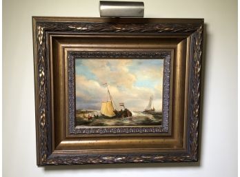 Lovely Small Antique Style Oil On Board Painting With Gold Gilt Frame - Ship With French Flag At Sea