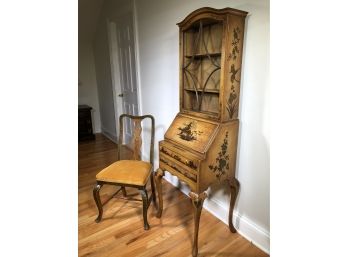 Stunning Antique 1920s Chinoisiere Petite Secretary - All Hand Painted - With Matching Chair - Made In England