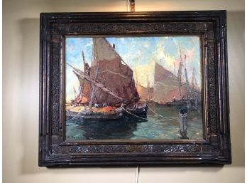 Stunning Antique Oil On Canvas Painting L BONAMICI - Barcelona Fishing Smacks - Paris Exhibition Label