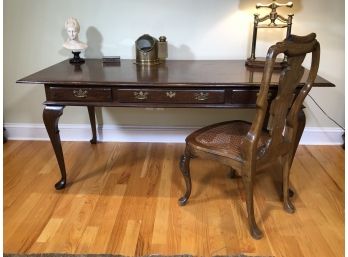 Large Desk / Table - Solid Oak By CUSHMAN Three Drawers With Brass Hardware With Compatible Chair - NICE LOT !