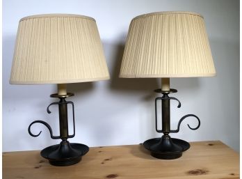 Pair Very Nice Wrought Iron & Brass Candlestick Antique Style Lamps With Shades - Both Work Fine - Nice !