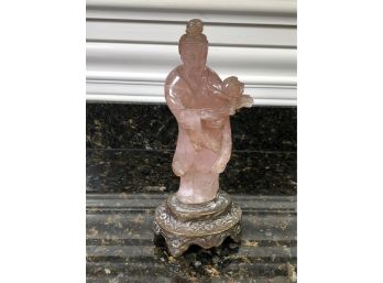 Beautiful Antique Pink Jade ?  Pink / Rose Quartz ? Carved Figure On Ornate Brass Base - In Family Since 1920