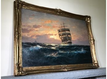 Fabulous Large Antique Oil On Canvas FRANZIS GLUSING - Hamburg  1929 - Listed Artist - Ships At Sea