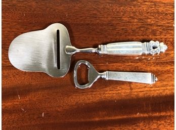 Two Pieces Vintage GEORG JENSEN Sterling Silver Handled Cheese Knife & Bottle Opener - Both Are Vintage Pieces