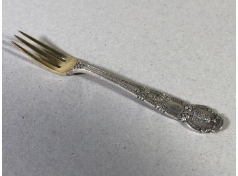 Beautiful Antique TIFFANY & Co Sterling Silver Pickle / Olive Serving Fork With Gold Gilt Tines - Very Ornate