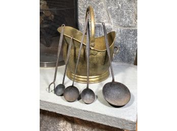 Lovely English Brass Coal Scuttle By PERRAGE & Antique / Early Hand Wrought Iron Tools / Items - GREAT LOT !