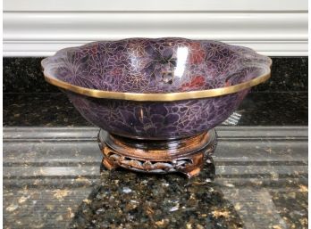 Vintage Chinosiere / Champleve / Enamel Bowl On Carved Wood Stand - Very Unusual To See Purple  Liliac Colors