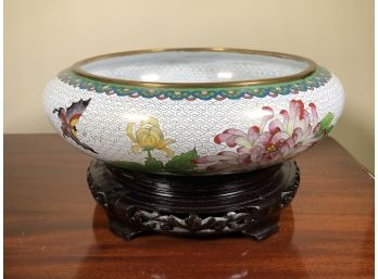 Large Cloisonne / Champleve / Enamel Bowl On Carved Wood Stand - Beautiful Florals & Birds - Very Pretty Piece