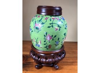 (2 OF 2) Antique Asian Porcelain Jar - Carved Wood Lid & Base - Bought 70 Years Ago Lord & Taylor Antiques