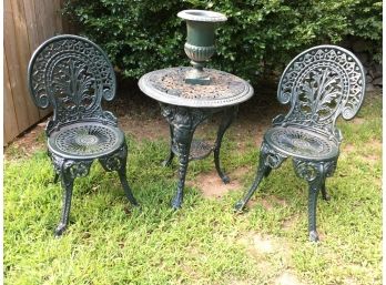 Wonderful Antique Victorian Style Cast Iron Set - Table & Two Chairs - Old Green Paint VERY Ornate & One Urn