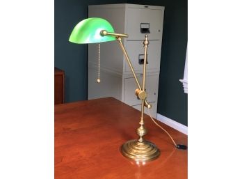 Very Handsome Bankers Style Lamp With Solid Brass Base And Classic Dark Green Glass Shade - High Quality