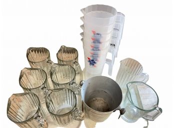 7 Glass Beer Pitchers, 5 PBR Plastic Promo Pitchers, 2 Trays, 1 Aluminum Ice Bucket, 1 Plastic Beer Pitcher