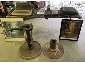 Antique Barber Chair Parts And Two Norman Rockwell Prints