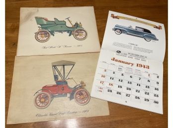 Automemories 1943 Calendar And Two Unframed Car Model Drawings