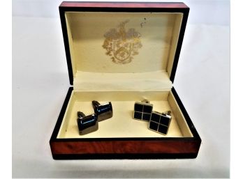 Two Sets Of Men's Silver-tone Cuff Links In Wood Box