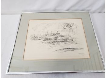 Island Queen Steamboat Sketch Framed Drawing Signed