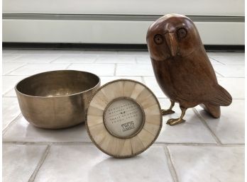 Decorative Wood Owl, Brass Bowl, Frame