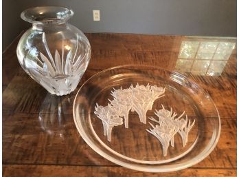 T. Yamamoto Cut Glass Platter And Flower Motif Vase