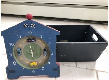 Little Folk Art Wood Bin And Clock