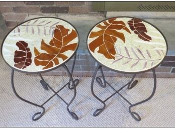 Pair Of Metal And Glass Tiled Top Accent Tables