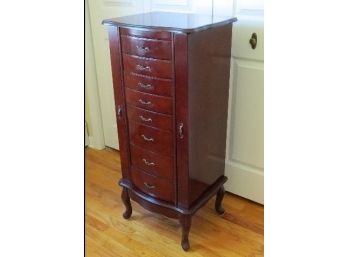 Beautiful Wooden Cherry Finish Jewelry Armoire - 8 Drawers And 2 Full Length Side Doors, Mirrored Lift Lid