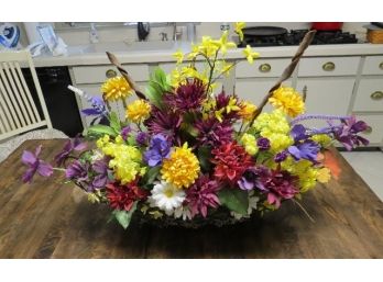 Large Silk Flower Arrangement In A Nice Black Metal Basket