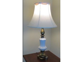 Pair Of Bronzed & White Porcelain Retro Era Living Room Lamps Cloth Shades 3 Way Switches