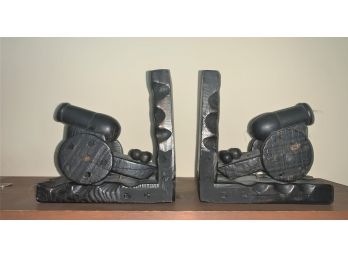 Pair Carved Wood Bookends In The Form Of Cannons