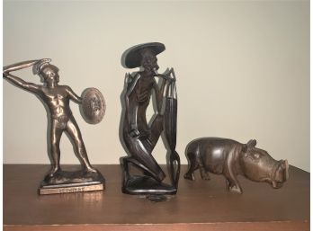 Carved Hippo & Orientak Man Along With A Netal Figure Of Leonidas