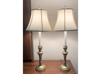 Pair Tall Brass Candlestick Form Table Lamps