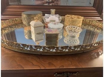 Circular Mirrored & Brass Dresser Tray Including Contents