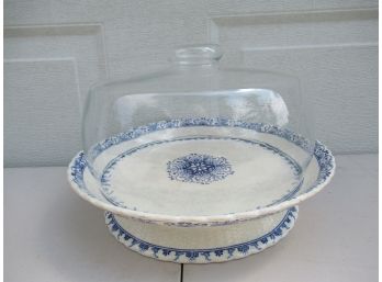 Beautiful Blue And White Pedestal Cake Dish With Glass Domed Lid