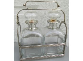 Art Deco Glass Whiskey Decanters With Metal Caddy