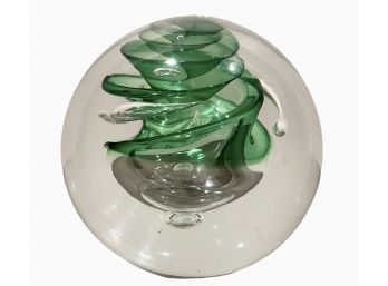 Signed Art Glass Paperweight (L) Sphere With Green Freeform