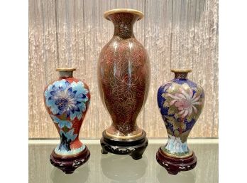 Trio Of Vintage Cloissone & Champleve Chinese Vases.