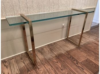 Vintage MCM Glass Topped Brushed Brass Buffet Table 60' X 14' X 29.5'