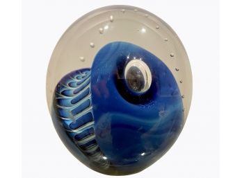 1984 Signed Art Glass Paperweight (E) Bubbled With Freeform Blue Interior