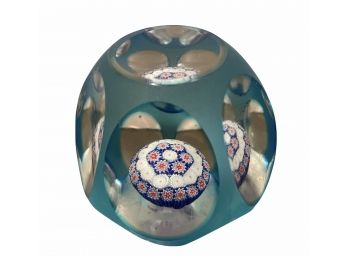 Art Glass Paperweight (A) Faceted Sides With Millefiori