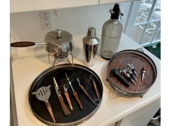 Vintage Seltzer Maker, Fondue Set, Bar Tools And Trays