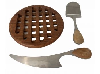 Vintage Teak Trivet  With Two Dansk Cheese Slicers