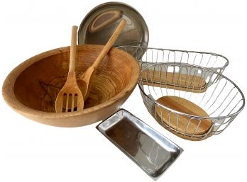 Vintage Wood And Metal Kitchen Lot Including Huge Salad Bowl.