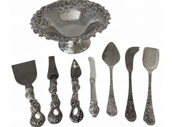 Collection Of Godinger Cheese Spreaders, Knives, Servers & Silver Plate Bowl