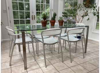 Modern Italian Glass On Chrome Table & Six Chairs  ~ Designed By G. Perin And G. Topan  68' X 34' X 30'